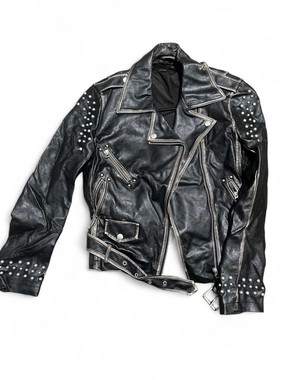 Zara Black Studded Leather Biker Jacket